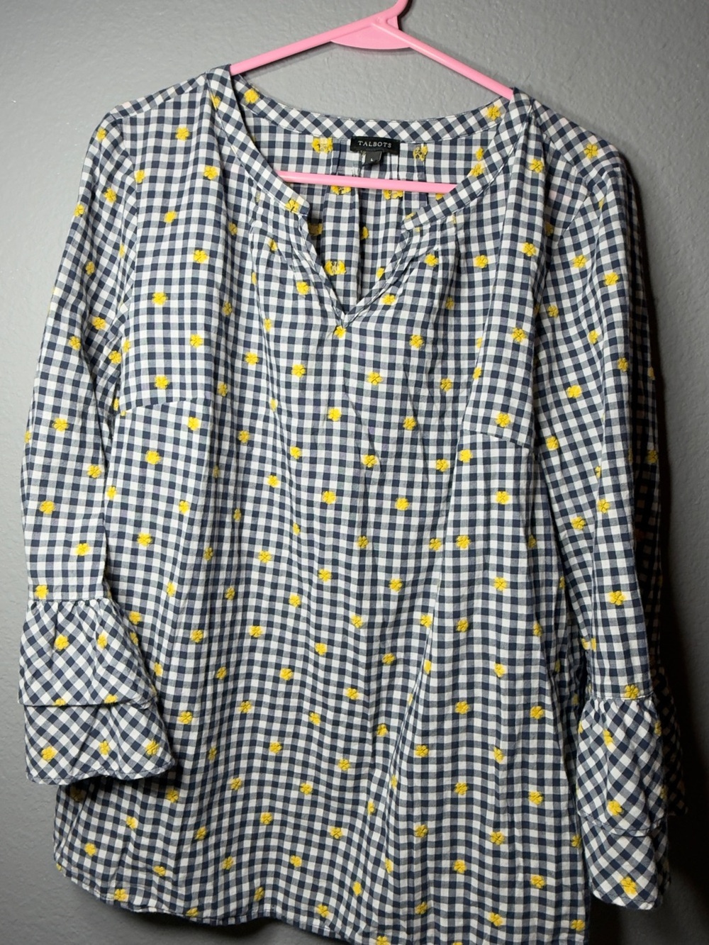 Talbots Navy Gingham Tunic with Yellow Floral Dots
